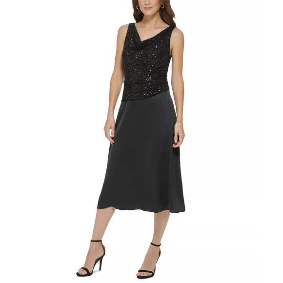 Dkny | Dresses | Dkny Cocktail Dress Black Sequin Satin Cowl Neck Midi Size  8 Nwot 229
